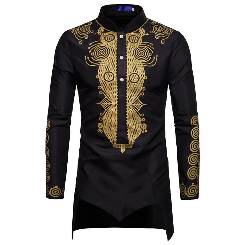 Мужская африканская золотая полированная водолазка Тотем напечатанная половина кнопка рубашка Высокий воротник Асимметричный фрак Туника жениха Топ 3XL - Цвет: black