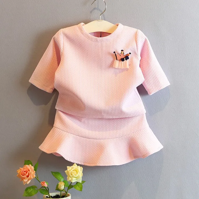 

[Bosudhsou] Autumn clothes ruffled Skirt set girls tops Tees check three quarter sleeve set Children clothing sets cartoon suits