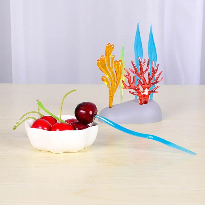 FHEAL 6pcs Bright Vivid Coral Fruit Forks Set For Fruit Dessert Cake Cocktail Plastic Fork Tableware Pick Decor Party Supplies  (24)