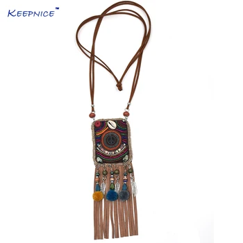 

Handmade Ethnic Boho Chic Bohemia Beads Chain Leather Tassel Pendent Necklce Long Fringe Tassel Pompous bag Pendant Necklaces