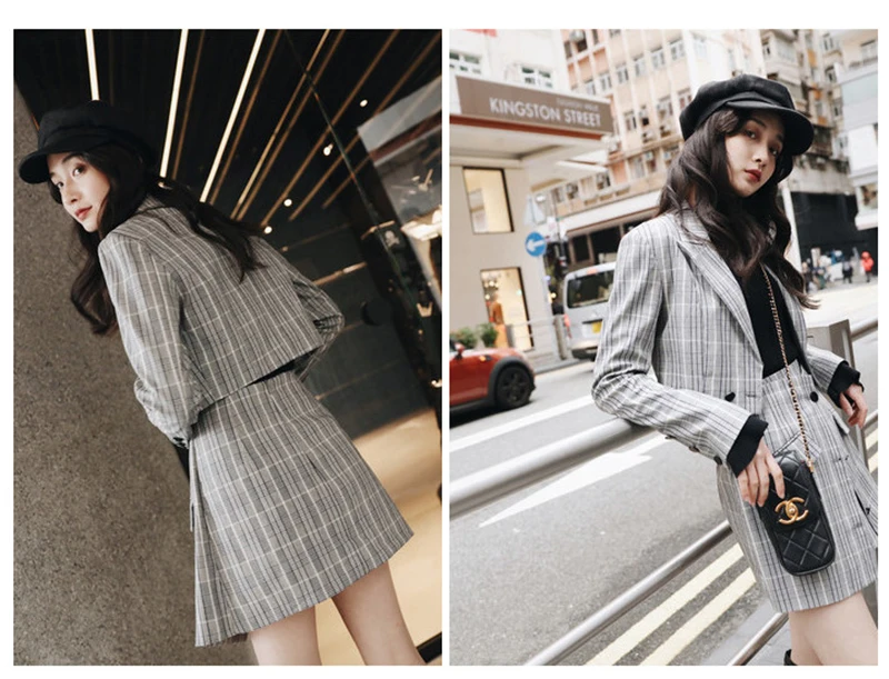New 2018 Autumn Women Suit Female Korean Fashion Long-Sleeved Plaid Suit Jacket Female Two-Piece Stitching Ladies Skirt D8A225 (5)