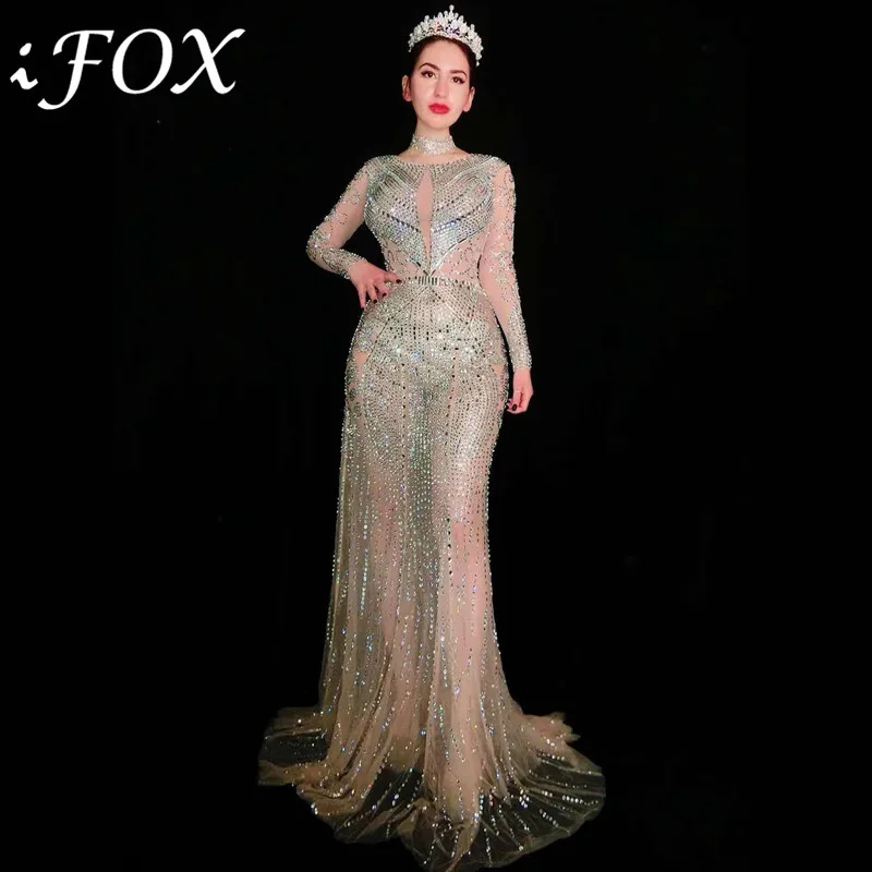 

Luxurious Sparkly Rhinestones Mesh See Through Long Dress Female Sequined Sweep Train Nightclub Prom Dress Birthday Party Wear