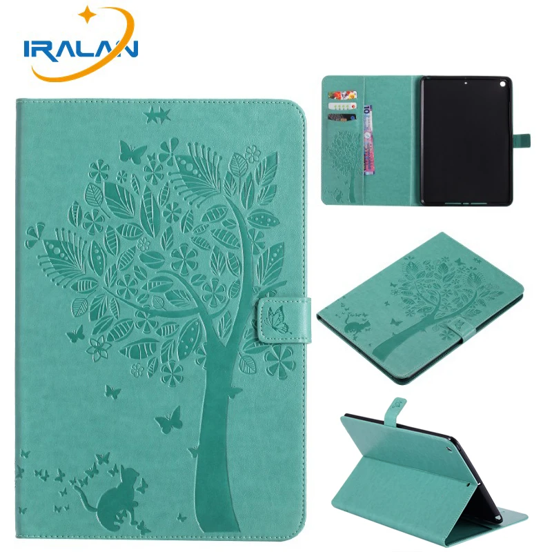 

Card function Flip Stand Cover For New iPad 9.7 2017 A1822 A1823 Case Sleep Wake-up Cat Tree Pattern Funda Tablet skin+Film+Pen