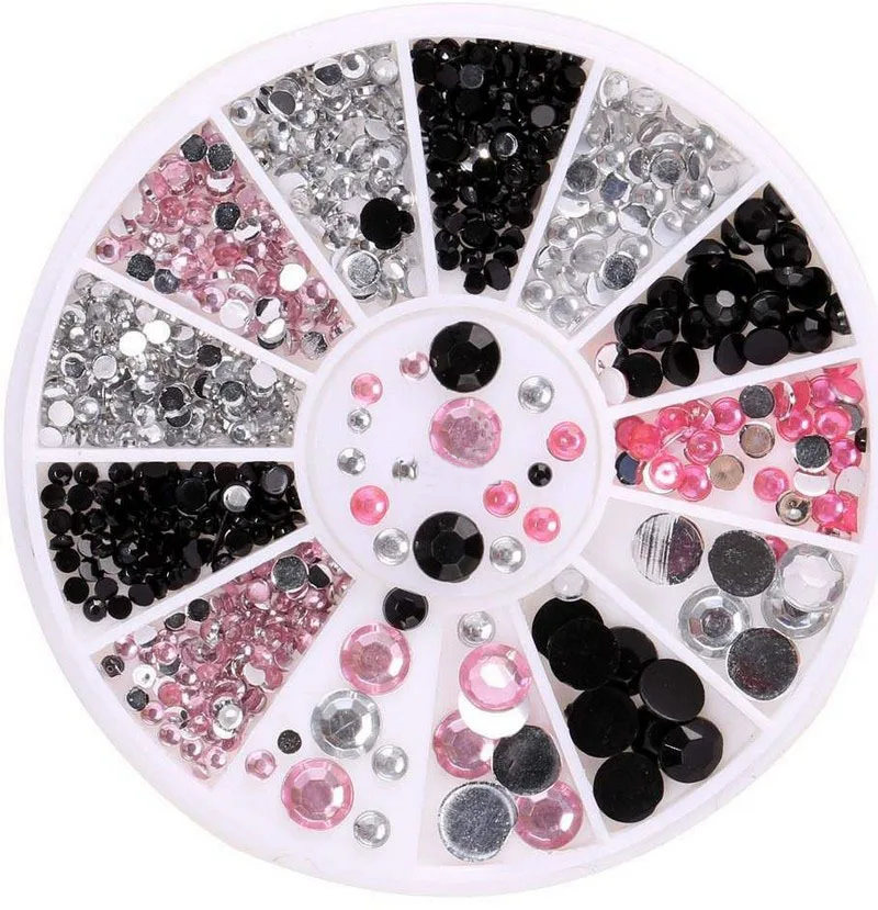 

Hot sell Black/White/Pink 3D Nail Art Accessories Tools Crystal Nail Glitter Rhinestone DIY Nail Decoration Wheel DIY 3 colors