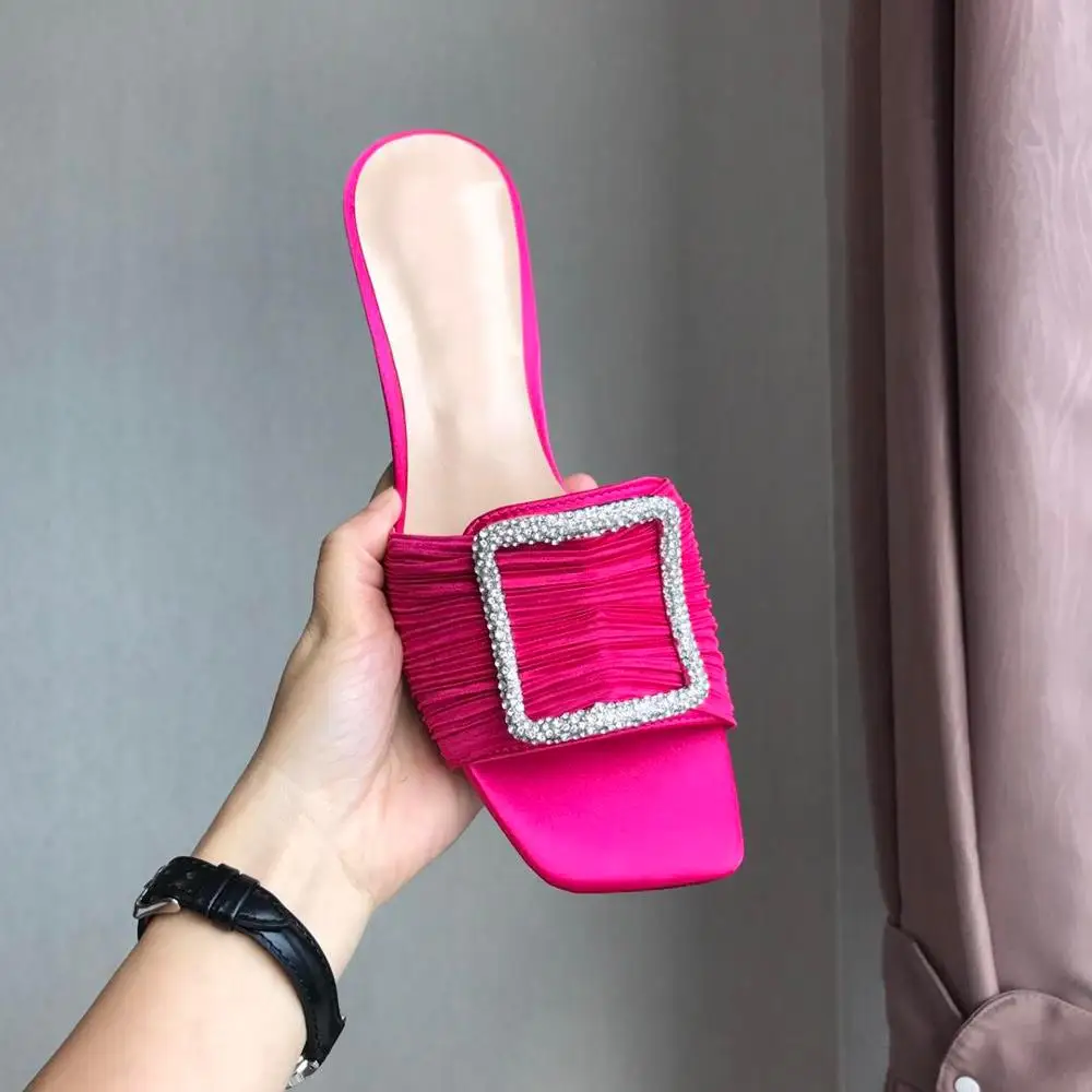 

Chic Shoes Women Crystal Decor Slippers Thin Heels Sandals Silk Fabric Slippers Designer Shoes Square Buckle Decor Flip Flops