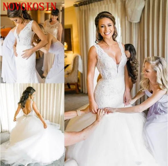 

2019 Sexy Sleeveless Mermaid Wedding Dress With Detachable Tulle Train V Neck Backless Lace Beading Wedding Bridal Gowns Dress