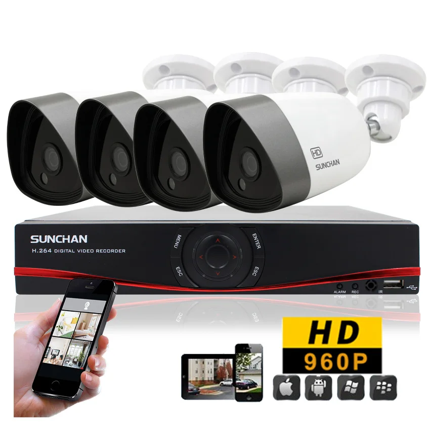 

SUNCHAN 4CH DVR Kit AHD Array LED 960P Waterproof Real Time 1080N DVR Day/Night Vision Security Camera Home Surveillance System