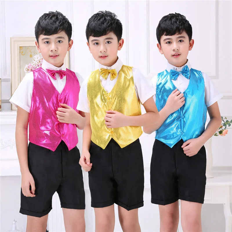

Hip Hop Dance Costumes Boys Jazz Set Sequined Vest White Shirt Black Shorts Dancing Suit Kids Children Stage Show Wear DNV10651