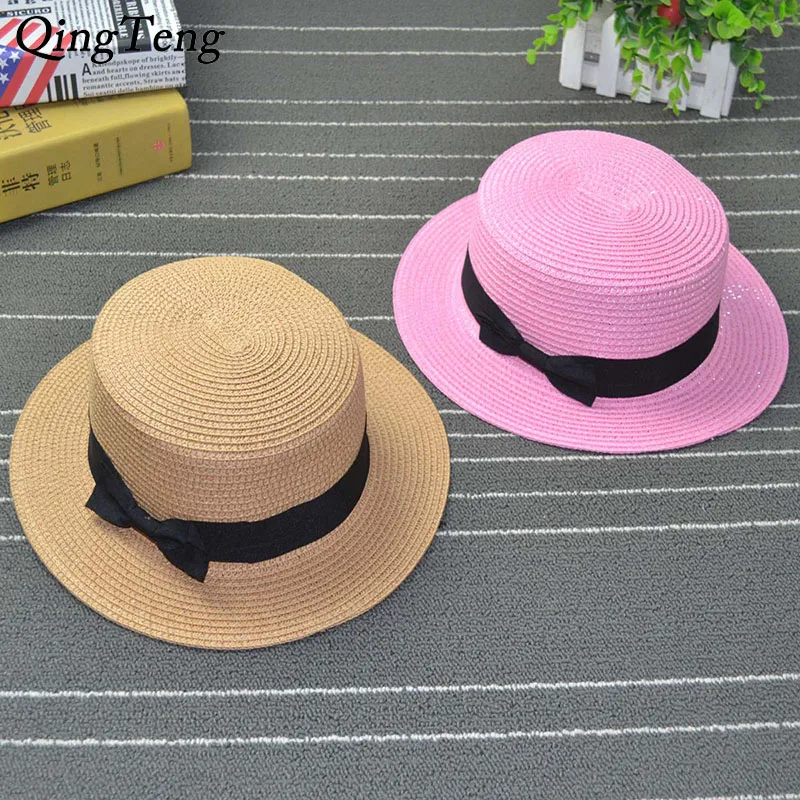 

Ribbon Round Flat Top Female Summer Hats Panama Straw Hat For Women Casual Pink Beach Hat For Girls Drop Shipping