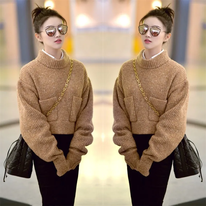 King Sweet Star of The Same Light Khaki Loose Big Pocket Semi-turtleneck Sweater New Woman 2019 Sweater Clothes Women