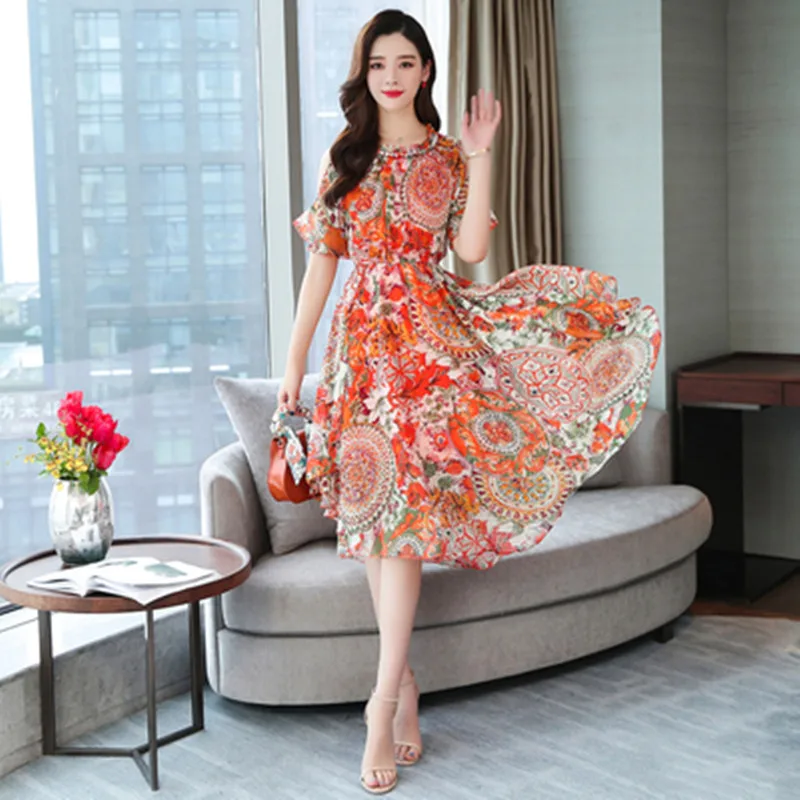 

YUZACDWX 2019 Summer new Fashion Runway Self Portrait Dress elegant seaside holiday strapless print chiffon dress vestidos