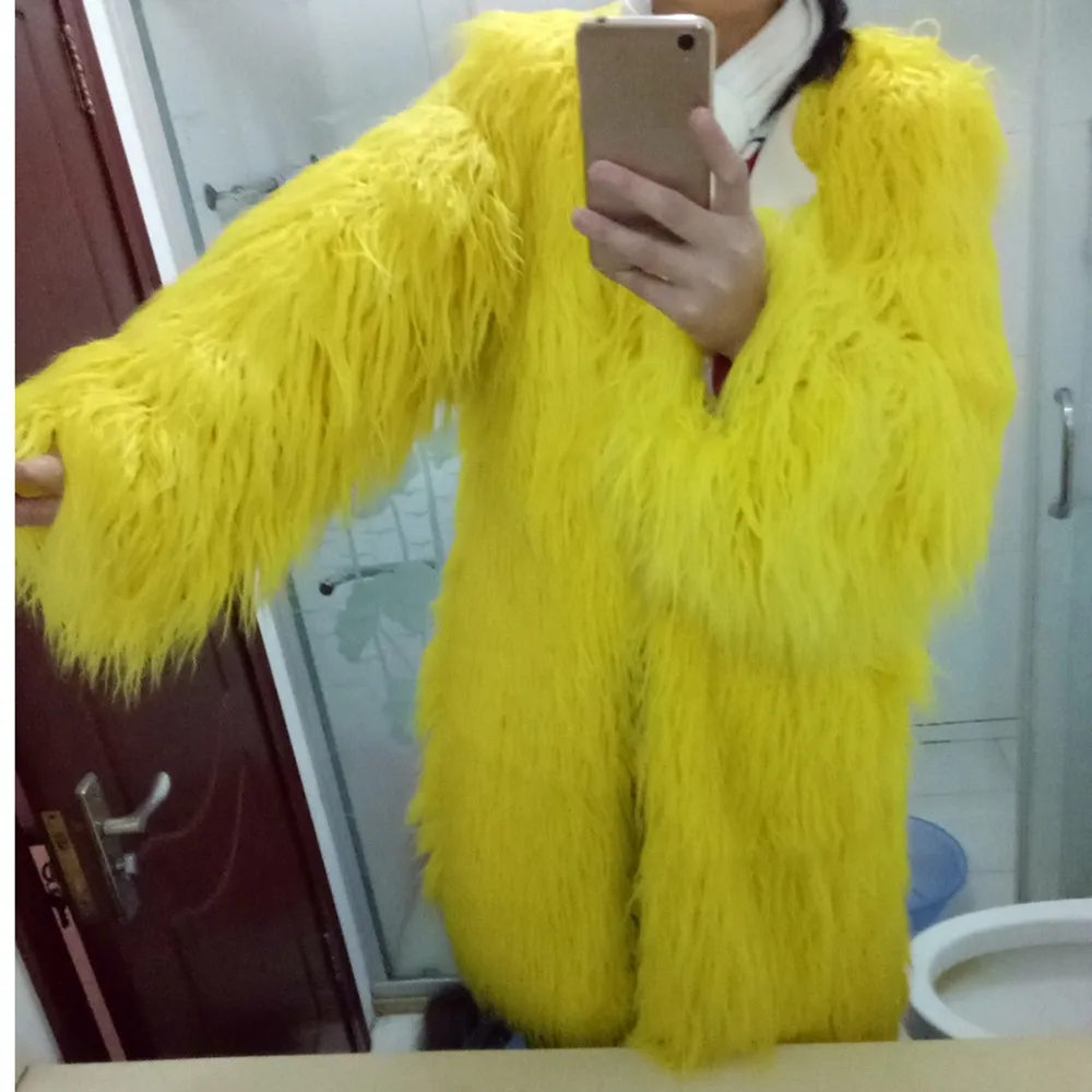 

autumn winter solid bright yellow long sleeve faux fur jacket coat for women shaggy fluffy coats outerwear women's ecofriendly
