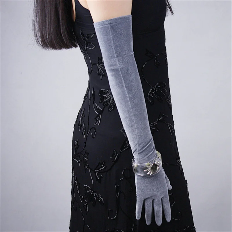Модные черные бархатные перчатки 50 см длинные секционные Над Локоть высокие эластичные черные Лебеди женские перчатки с сенсорным экраном RHS50
