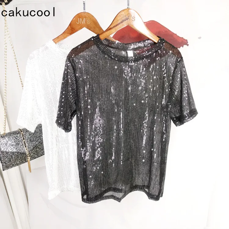 

Cakucool Full Sequined T Shirt Round Neck Short Sleeve Transparent Pullover Punk Party Shiny Black Slim Tee tshirt Female Tops