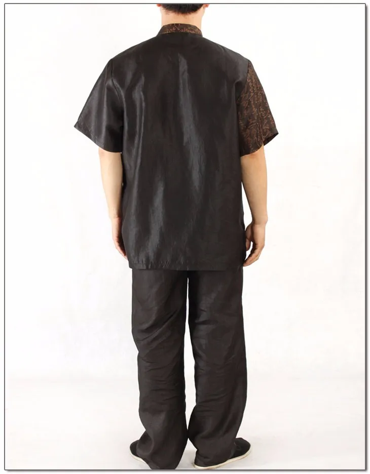 100% wateredgauze шелк рубашка с короткими рукавами комплект со штанами, gambiered Гуандун шелк Костюм Танг, традиционный китайский шелк мужская одежда