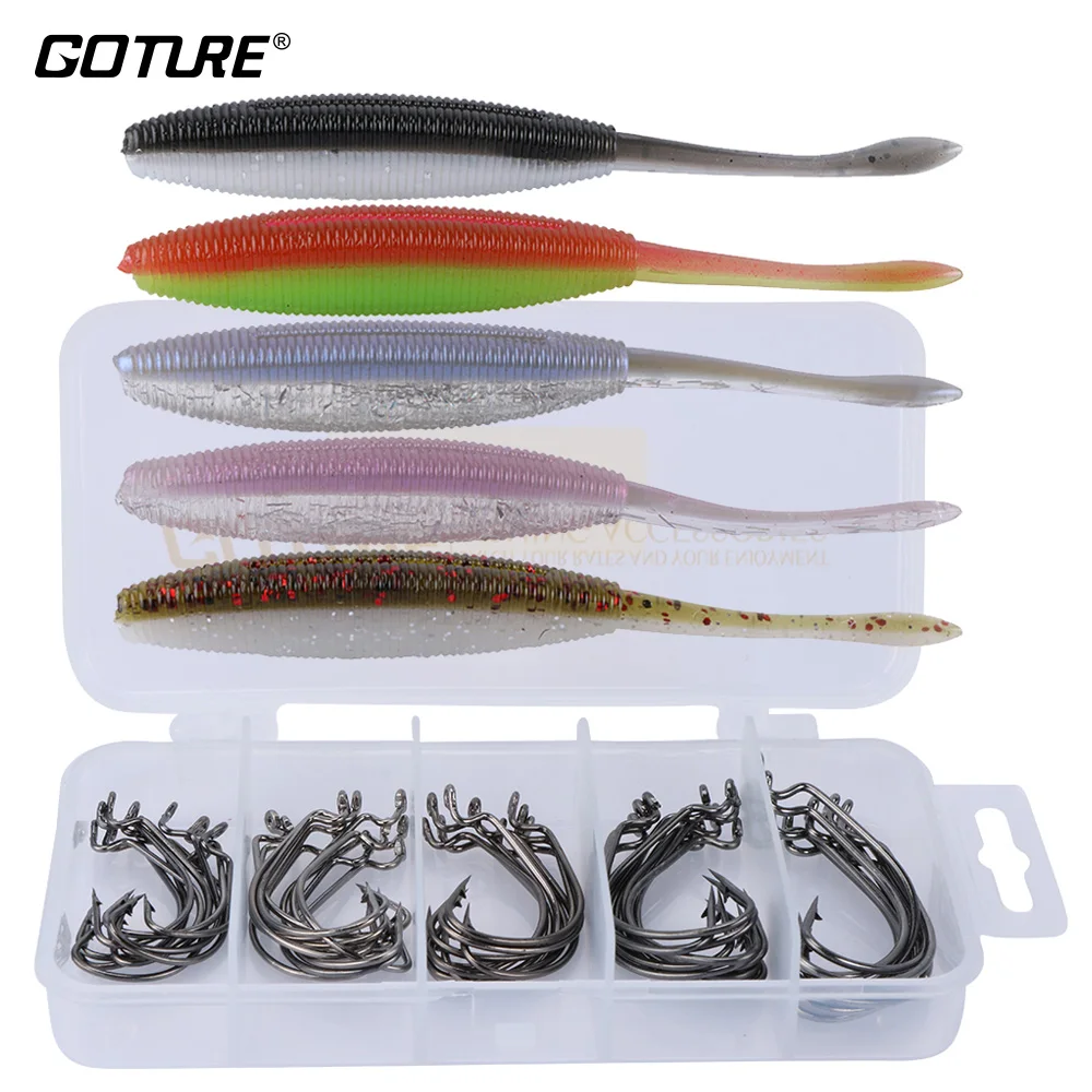 

Goture Fishing Lure Kit Set Offset Worm/Jig Head Hook Fishinghook with Soft Artificial Lure Bait Fishing Tackle