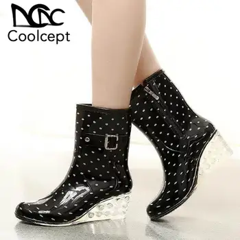 

Coolcept New Fashion Women RainBoots Buckle Zipper Wedges Shoes Women WaterProof Round Toe Lady Mid Calf Boots Size 36-41