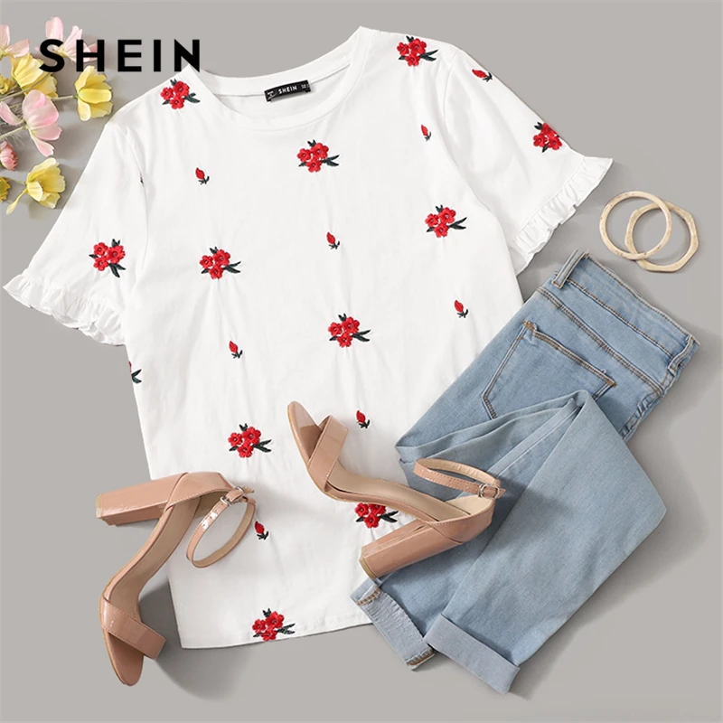 SHEIN Футболка С Цветочной Вышивкой И Оборками Весенняя Современная Женская