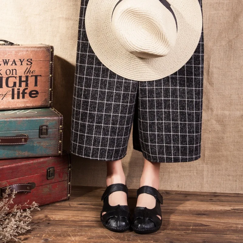 Г., женские кожаные сандалии удобная обувь на мягкой подошве женские сандалии на плоской подошве модная летняя обувь женские сандалии Sandalias Mujer - Цвет: Черный