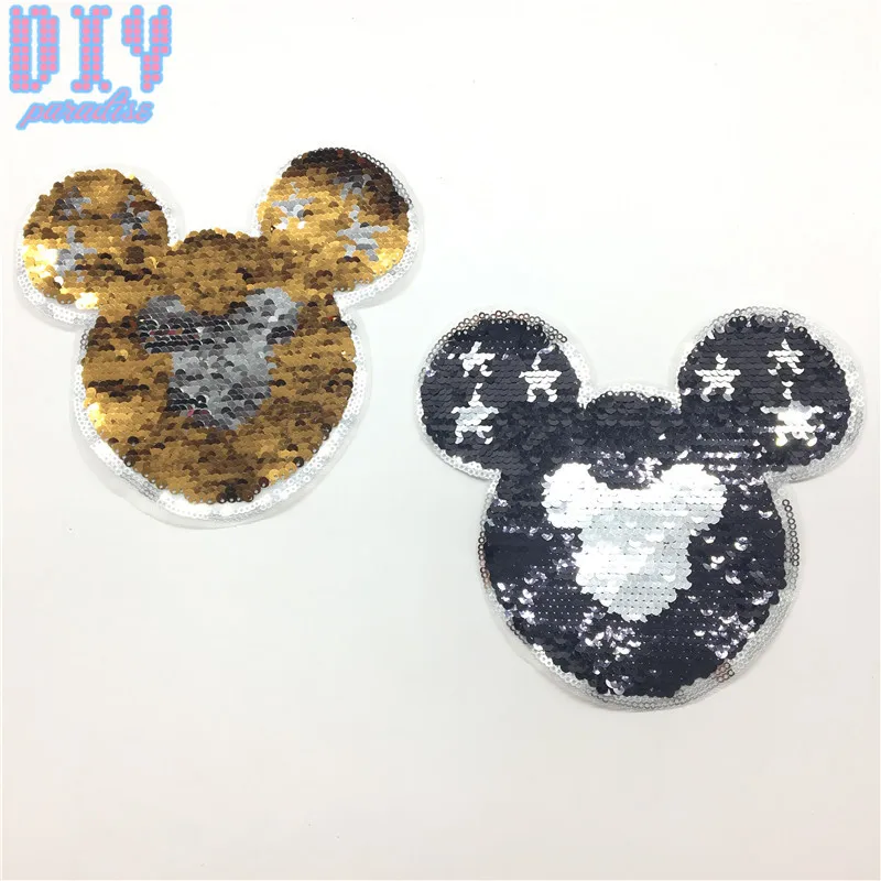 

Reverse Sequins Mickey Sew On Patches for clothes Coat Sweater Embroidered Change Color Cartoon Reversible Patch Applique NEW