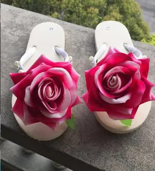 

HAHAFLOWER Free shipping Summer hot style red flocking Big roses handmade flowers Flats shoes antiskid female beach slippers