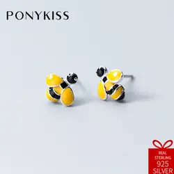 PONYKISS Мода S925 стерлингового серебра минималистский Мода Пчела Симпатичные серьги-гвоздики Для женщин ювелирных аксессуаров День рождения