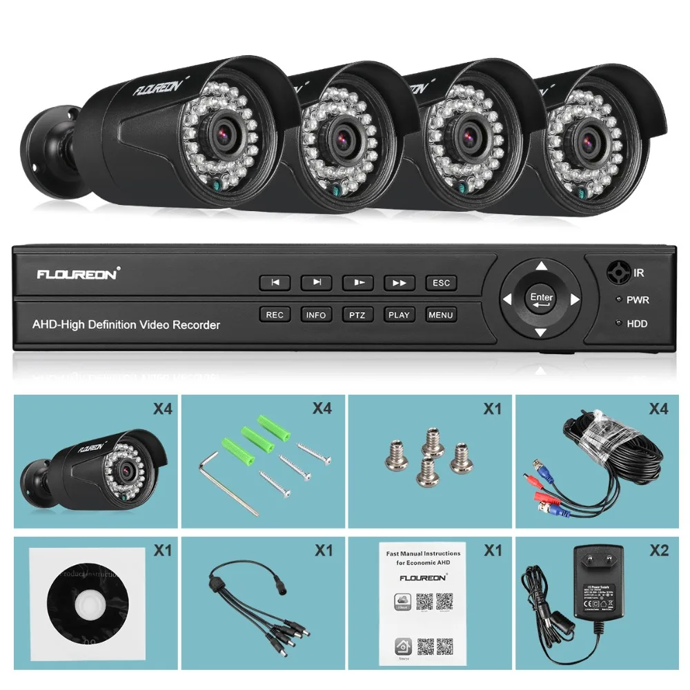 FLOUREON камера видеонаблюдения системы безопасности 8CH 5в1 1080N AHD DVR 4 шт. открытый 3000TVL 1080P 2.0MP камера безопасности комплект