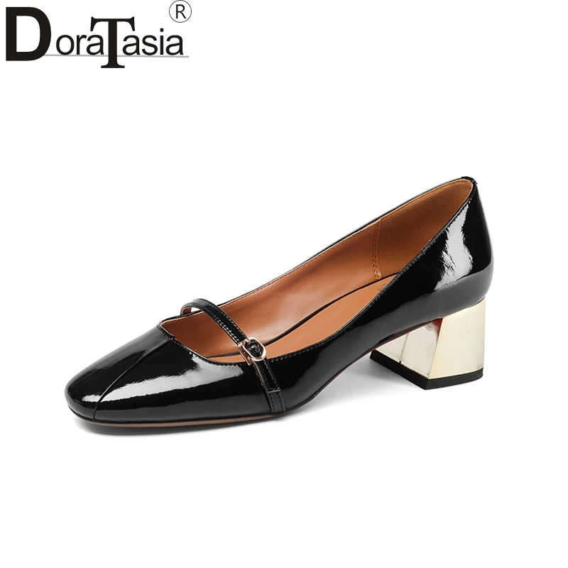

DoraTasia New women's Genuine Leather Square Med Heels slip-on Solid Shoes Woman Fashion Spring Pumps Big Size 33-43