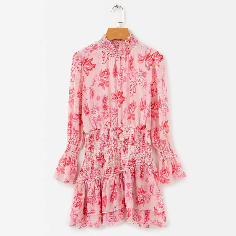 BONGOR LUSS Ruffles Mini Dress Autumn Floral Print Stand Collar Chiffon Dress Long Flare Sleeves Sexy Women Party Dresses  (18)