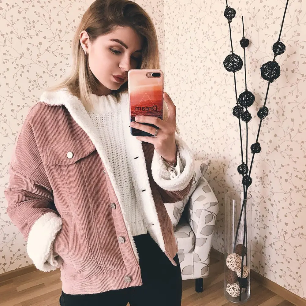Toyouth Autumn Winter Corduroy Basic Jacket Lambswool Bomber Jacket Women Long Sleeve Jacket Casual Single Breasted Denim Jacket