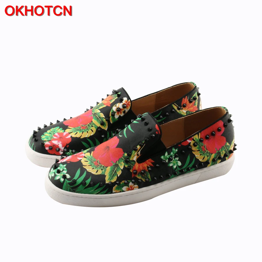 

OKHOTCN Handmade Fashion Leather Slip On Men Loafers Casual Shoes Rivets Studded Round Toe Flower Printing Spikes Men Flat Shoes