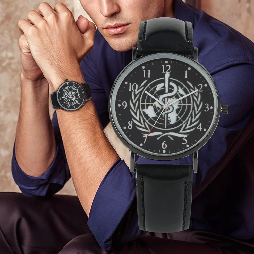 

Men's World Health Organization Logo Dial Quartz Watch Casual Arabic Numerals Quartz Analog Watch Premium PU Leather Strap Clock