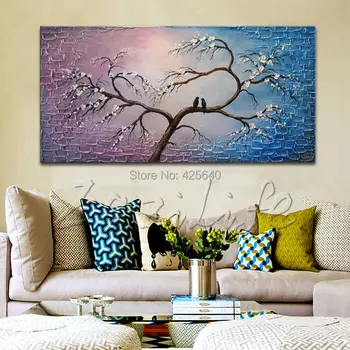 

Hand Painted Palette Knife sakura Tree Oil Painting Wall Art Canvas Picture Modern Abstract Home Decor Living Room Bedroom