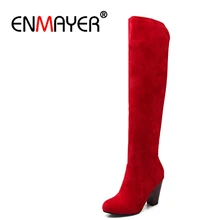 ENMAYER Fashion High Heels Long Boots Women Flock Round Lady Knee High Boots Shoes Woman Winter Faux Suede Knee high Boots CR671 winter fashion woman boots sexy knee high boots gold rivets round toe botas high heels long boots women casual shoes