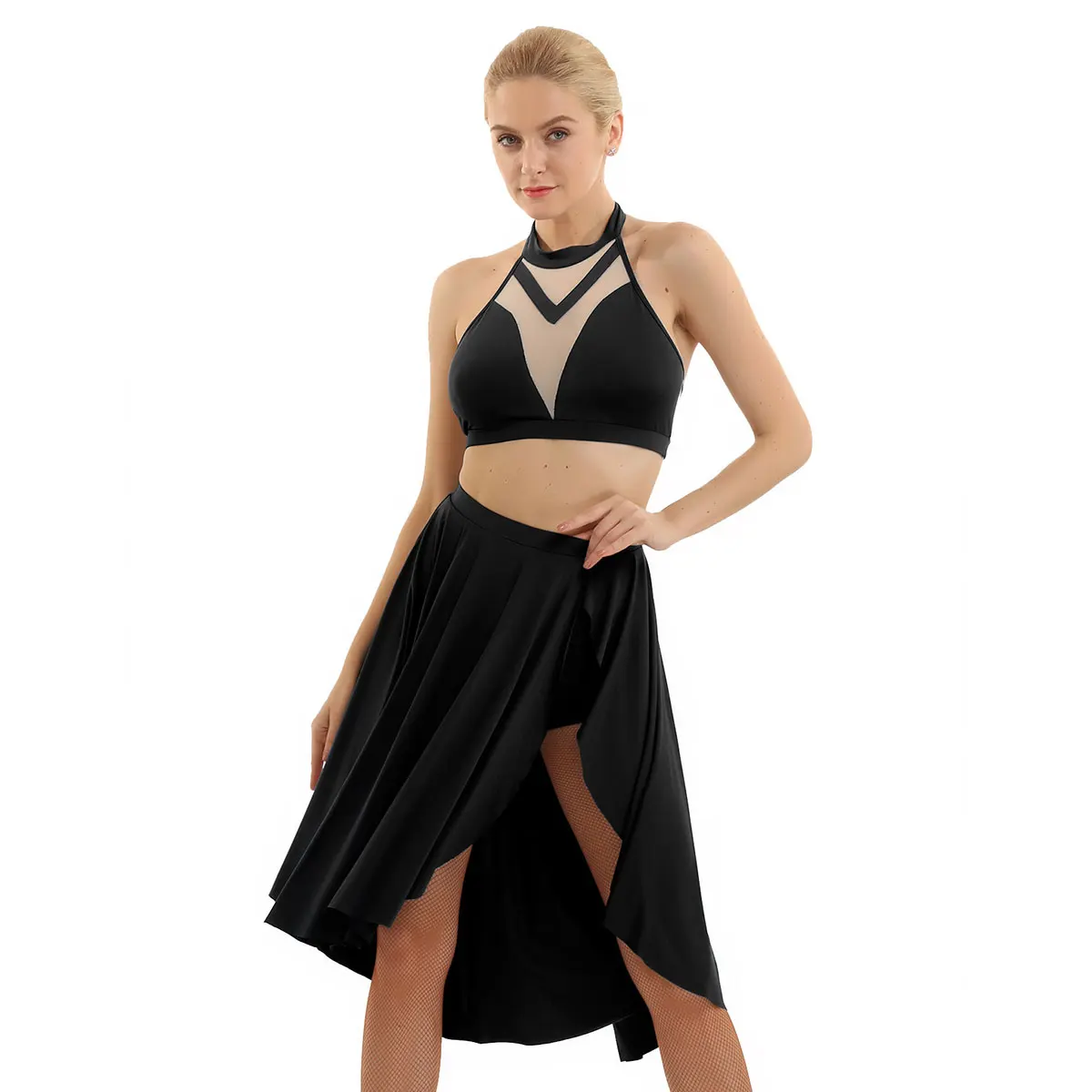 Женская Асимметричная одежда для лирических танцев iiniim, укороченный топ с открытой спиной и юбка, костюмы для латинских бальных танцев, Фигурное платье для катания на коньках - Цвет: Black
