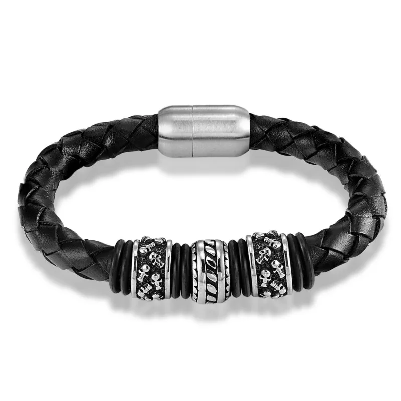 

JANEYACY HOT European fashion men bracelet leather mens Skull head bracelet Male skeleton leather bracelet skull