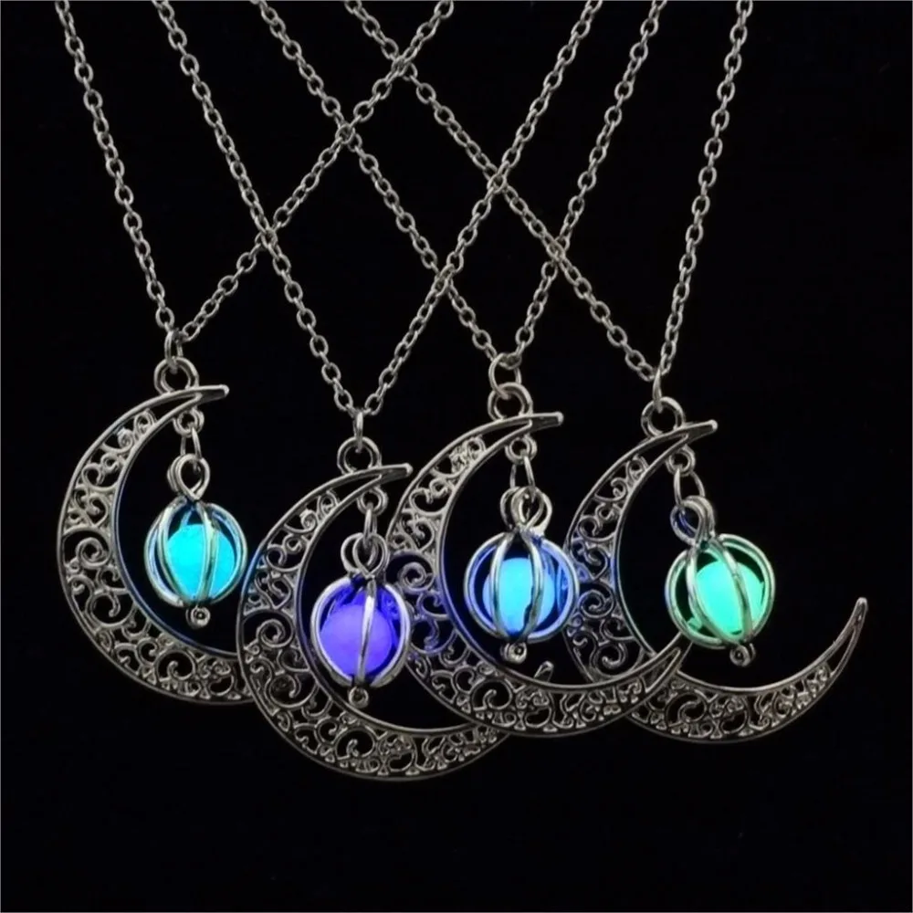

Glow In The Dark Pendant Necklaces for Women Silver Plated Chain Long Night Moon Necklaces Women Fashion Jewelry Necklace Gift E