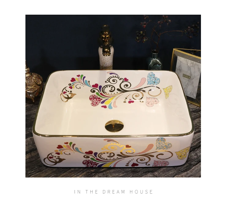 Handmade Europe Style Lavobo Ceramic Bathroom Luxurious Artistic Bathroom Sink Countertop bathroom sink porcelain sinks rectangular (5)