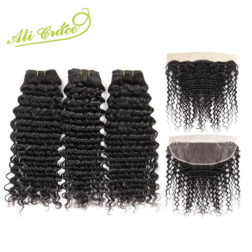 

Malaysian Deep Wave 3 Bundles With Frontal 13*4 Free Middle Part Ear to Ear Lace Frontal Ali Grace Remy Human Hair