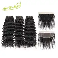 Malaysian Deep Wave 3 Bundles With Frontal 13*4 Free Middle Part Ear to Ear Lace Frontal Ali Grace Remy Human Hair