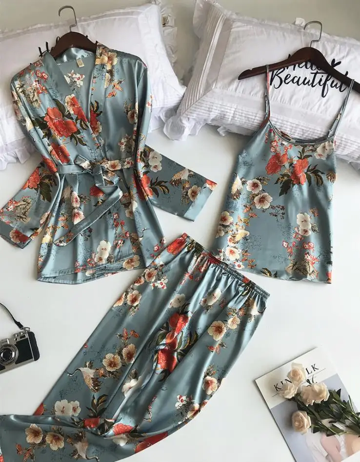 

Spring Women 3 Pieces Silk Pajamas Sets with Pants Flower Print Spaghetti Strap Pyjama Satin Elegant Sexy Homewear Pijama
