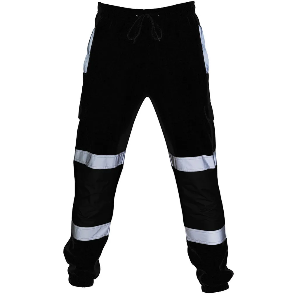 Мужской Дорожный комбинезон с высокой видимостью, светоотражающий тренировочный костюм с несколькими карманами, повседневные штаны с эластичной резинкой на талии - Цвет: Черный