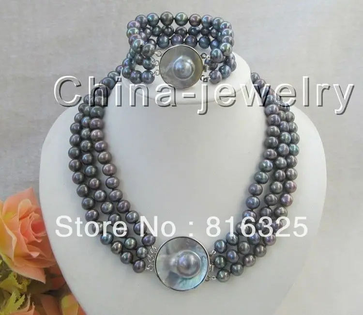

FREE SHIPPING>> Beautiful 3row 9mm black round FW pearl necklace and bracelet-925 silver Mabe
