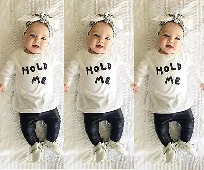 

2016 Newborn Baby Boys Girls Toddler Kids Letter Printing T-shirt Tops+ leather Pants Outfit 2pcs Set Clothing Clothes 2019