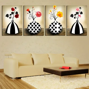 

4 Panel Abstract Wall Picture Vintage Vase Decor Painting Red Yellow Flower Canvas Prints The White Black Art Multi Set No Frame
