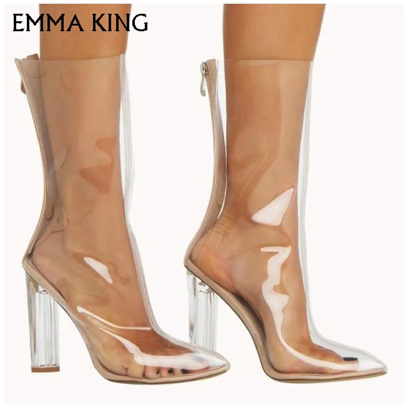

2018 Autumn Woman Boots Clear PVC High Heels 10.5cm Fashion Ankle Boots Transparent PVC Pointed Toe Boots Women big size 35-43