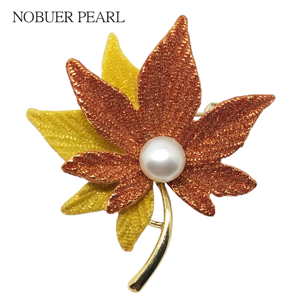 

Nobuer Maple Leaves Style Real Pearl Brooches Vintage For Women With 7.5mm-8mm Bright Flawless Pearls 3 Colors To Choose