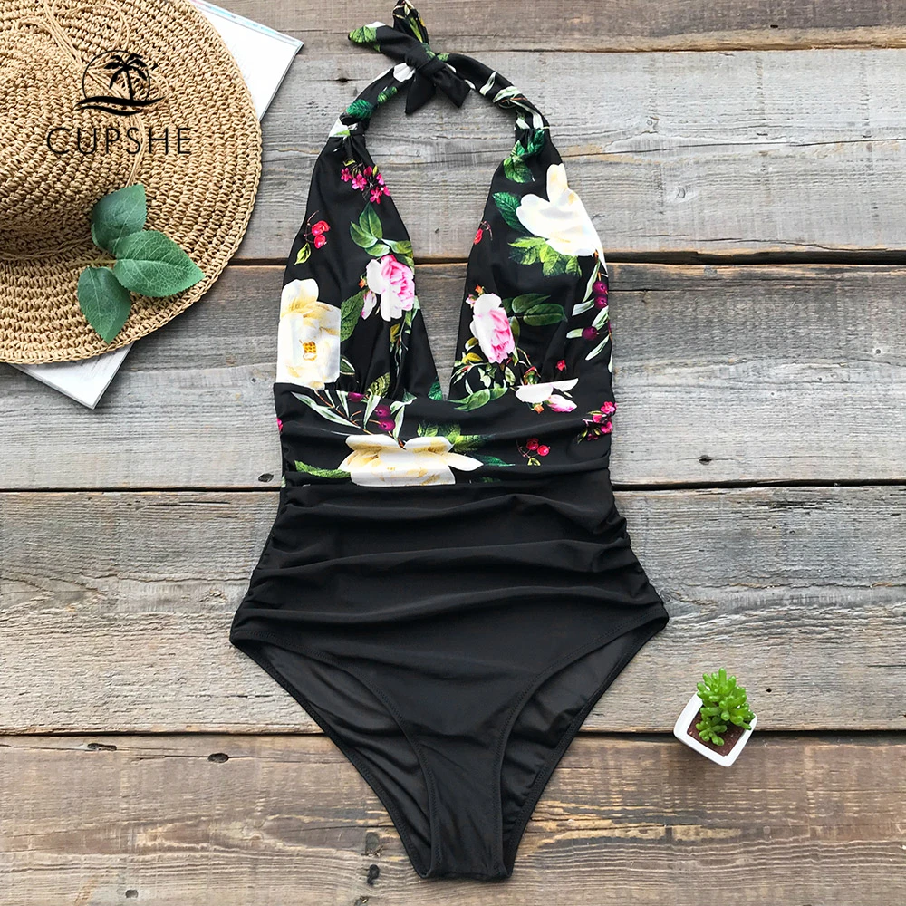 Online CUPSHE Flora Print Butterfly Shirring traje de baño de una sola pieza mujeres Halter cuello pico profundo sin espalda Sexy Bodysuits Monokinis traje de baño