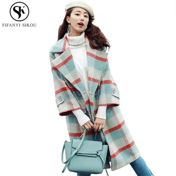 

Winter Coat women Fashion Plaid Wool caot Warm Overcoat Double Breasted Loose Long Woolen coat Ladies High quality Coats LP400