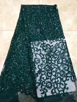 

High quality french net lace fabric Green dark blue African lace embroidery fabric with sequins